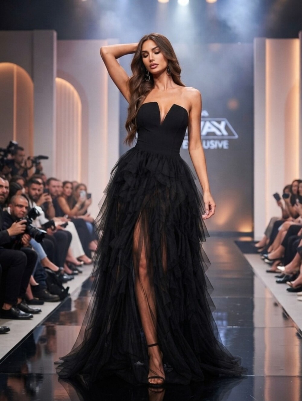 Strapless Black Tulle Evening Gown